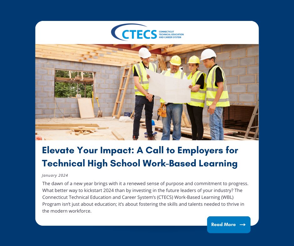 The latest from CTECS📰

In our latest #newsletter, Dr. Ellen Solek provides insight on how the technical high schools are preparing students to immediately enter the workforce using invaluable training experiences like #WorkBasedLearning

Read more➡️cttech.org/wp-content/upl…

#WBL