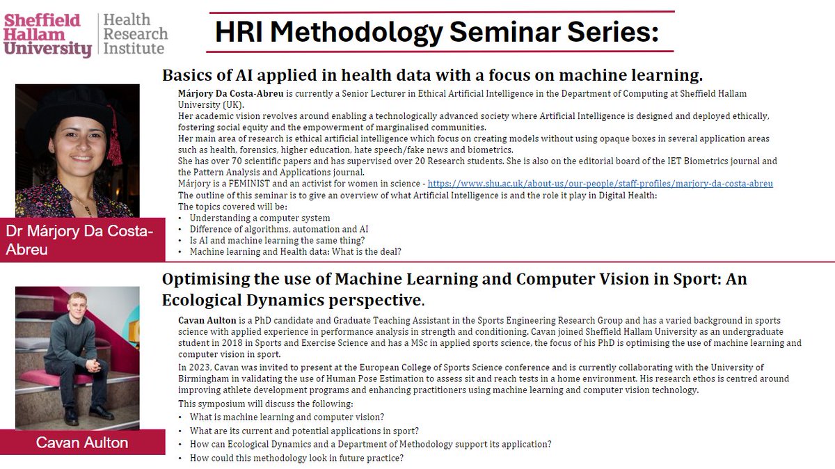 🗣Join us for the next @HallamHRI #Methodology Seminar on Tuesday 20th February at 1:45pm. Seminar titles below👇👇 Our confirmed speakers are: ✨Dr Márjory Da Costa-Abreu ✨Cavan Aulton