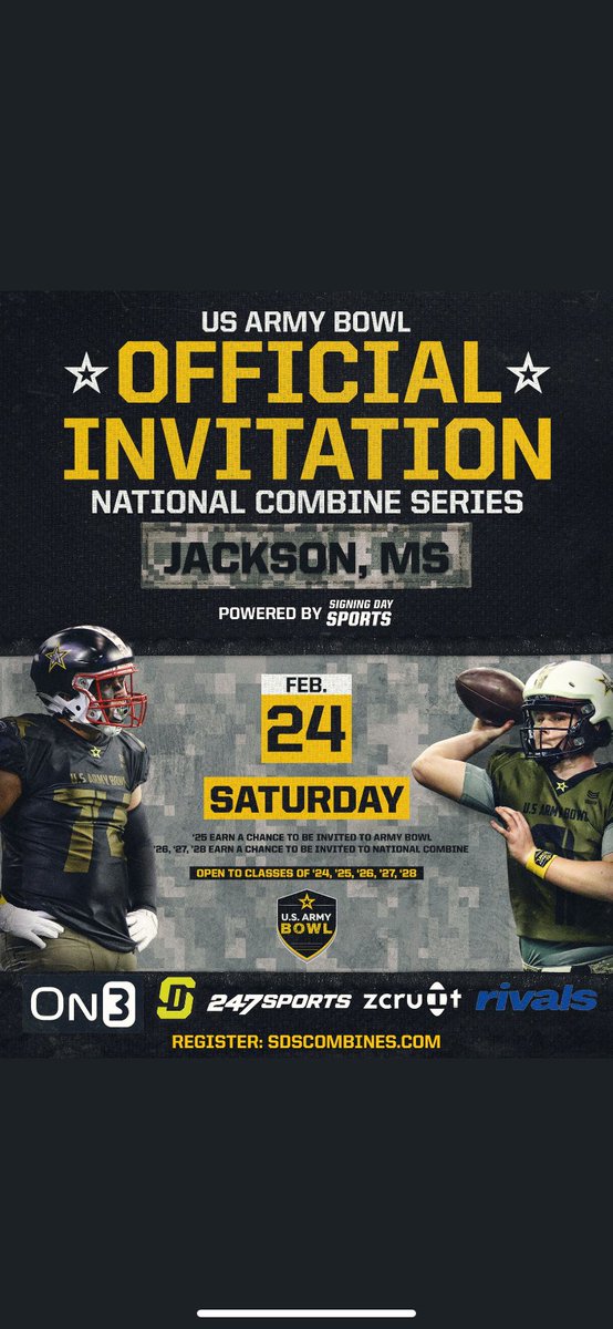 DaltonWilkers10's tweet photo. Blessed to receive an invite to compete!!
@ArmyBowlCombine 
@USArmyBowl 
@MattSeiler_SDS https://t.co/NYGfNrgj3L