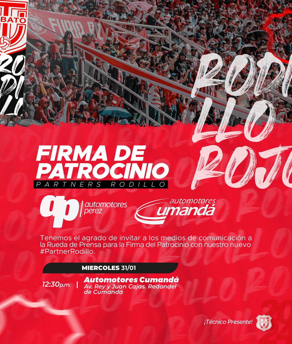 TecnicoUOficial's tweet photo. #PartnersRodillo

¡Nuevos Partners!🔴⚪️
  
Firma de Patrocinio junto a #AutomotoresPérez y #AutomotoresCumandá para la temporada 2024. 🇦🇹

📆Día: Miércoles 31/01/2024
⏱️Hora: 12:30
📍Lugar: Av. El Rey y Juan Cajas. Redondel de Cumandá.

#TécnicoPresente https://t.co/bP8FYzV6JL