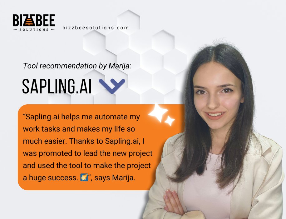 BizzBeeSolution's tweet photo. As an Account Manager at BizzBee Solutions, Marija knows that staying on top of the latest trends was key to her success.⭐

Check out Sapling here: https://t.co/waTaGIDlsx
Thank Marija later. 😉

#recommendation #toolrecommendation #sapling #artificialintelligence #ai https://t.co/YB1xkmNVE1