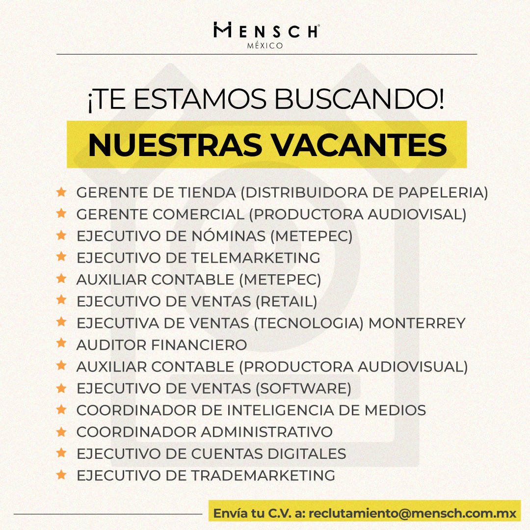 menschmx's tweet photo. ¿Buscas empleo? Descubre nuestras vacantes y postúlate hoy mismo en la siguiente liga: https://t.co/eGhZOQuFMj
📷📷 ¡Una gran oportunidad te está esperando! 📷📷 #Empleo #Trabajo #OportunidadLaboral #Postulación #Carrera #ÉxitoProfesional https://t.co/gI15hbYgbH