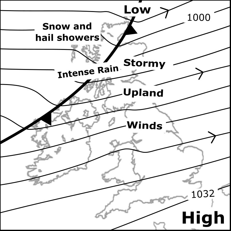 Weds 31/1: Severe conditions - hurricane-force upland winds. Heavy rain, some snow Scottish tops, abruptly turning to snow following an intense band passing SE. Showers with hail follow in NW. Severe upland gales strengthen Eng &amp; Wales, heavy rain arriving from north afternoon.
