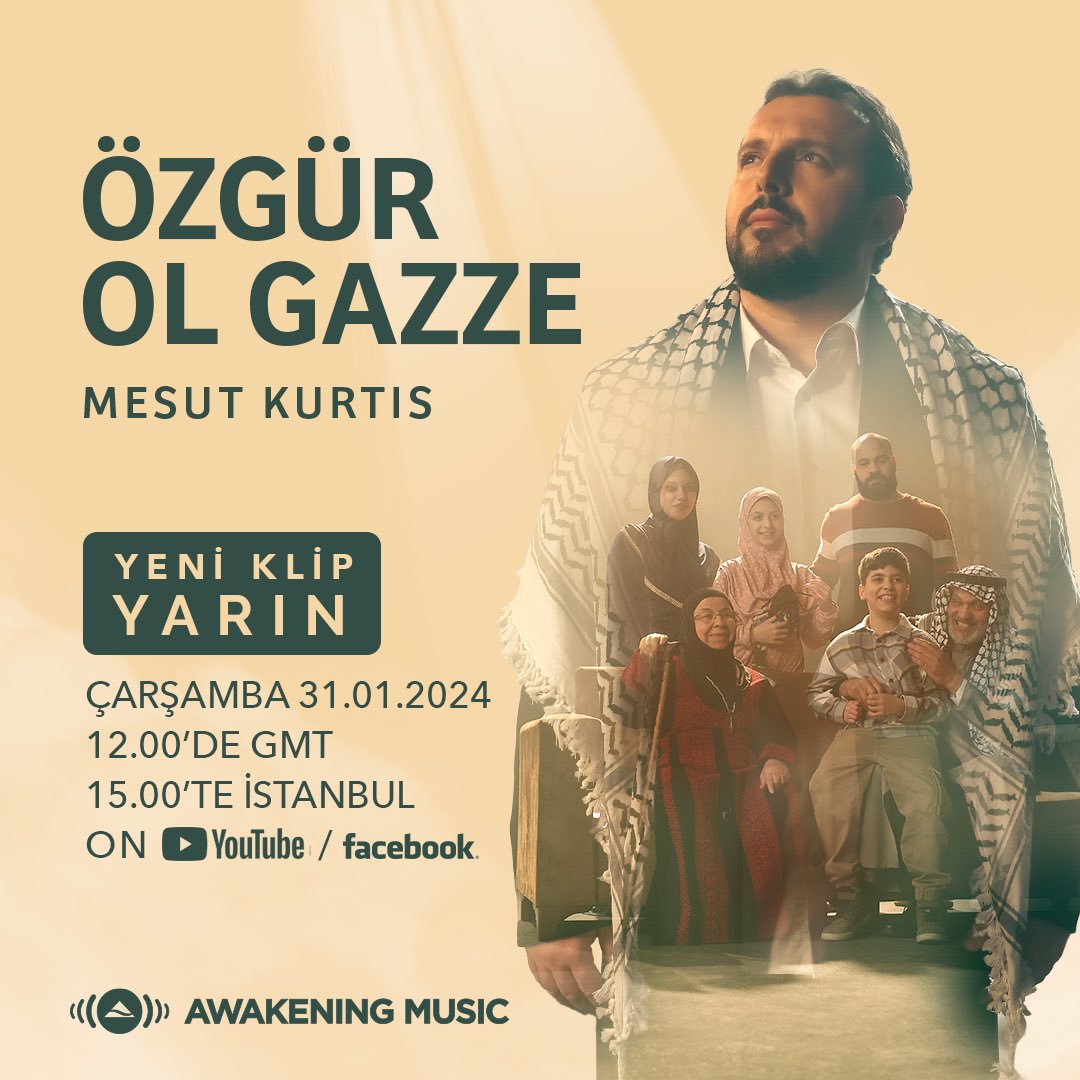 "Özgür Ol Gazze” (Be Free Gaza) - the Turkish version of Mesut's new single ‘Sanadhallu Ya Gaza’ is OUT TOMORROW inshaAllah on YouTube and all streaming platforms. 
YouTube premiere at 12.00 GMT / 15.00 Istanbul time. Stay tuned ! 🇵🇸
 
#ÖzgürOlGazze
#Gazze #Filistin
#سنظل_يا_غزة