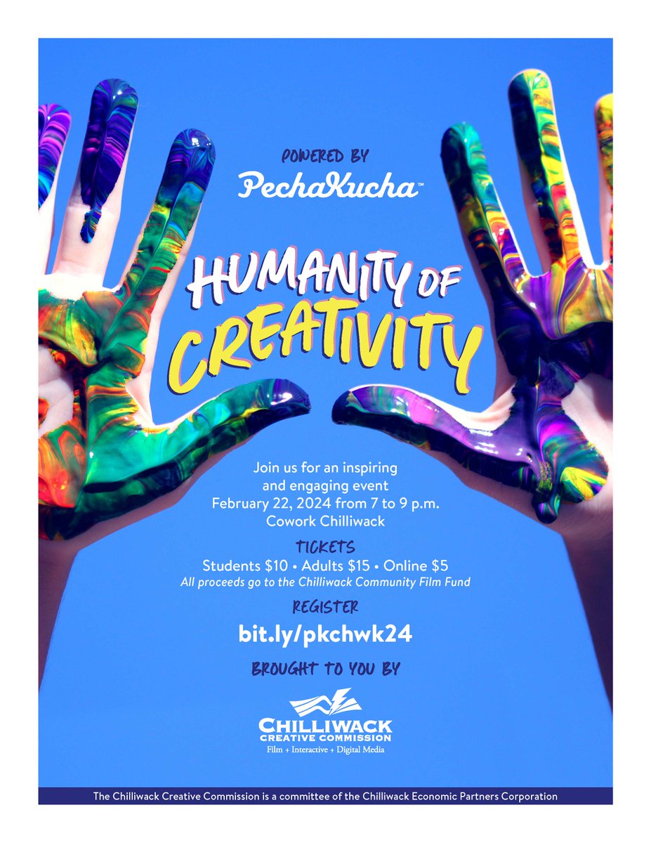 ChilliwackEcDev's tweet photo. Learn about the untold stories of Chilliwack's creative economy at the Chilliwack Creative Commission’s 9th annual PechaKucha event, Humanity of Creativity, in-studio and online!
https://t.co/xI2roar8m0 https://t.co/a8cFijaXnI