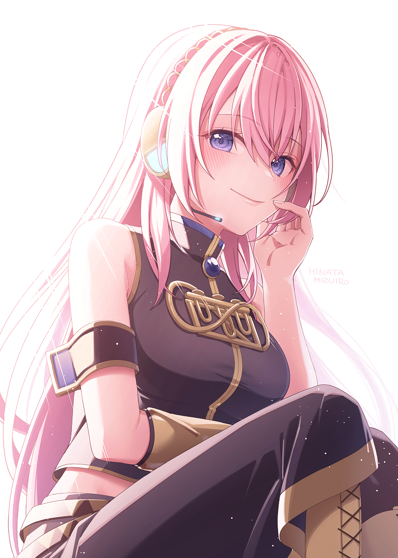 megurine luka 1girl solo gold trim pink hair long hair smile backlighting  illustration images