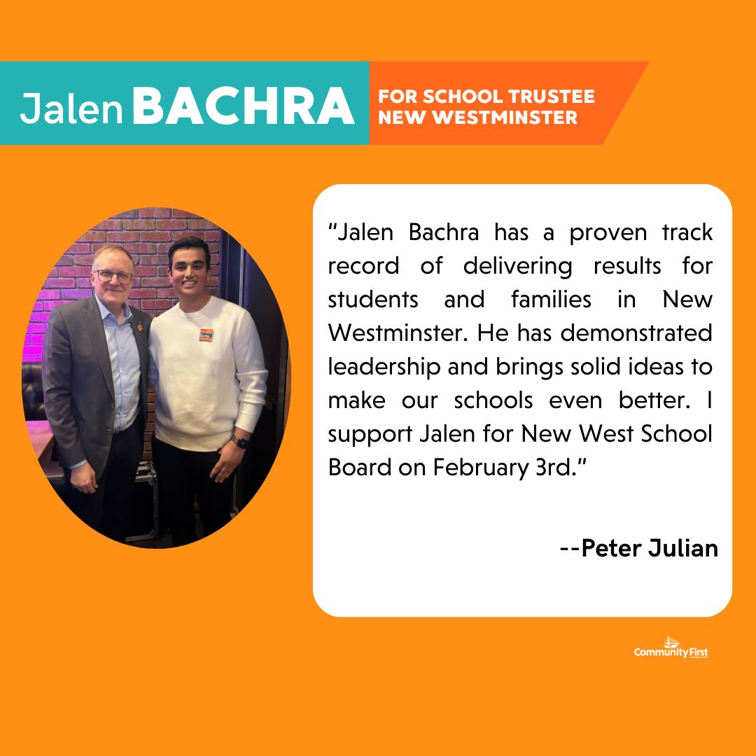 Even at a young age, Jalen Bachra's leadership in the community has been recognized time and time again. Thank you Judy Darcy, Jennifer Whiteside, and Peter Julian for endorsing @JalenBachra in the upcoming school board by-election.