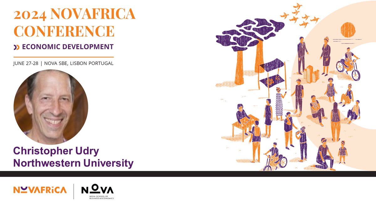 We are thrilled to introduce the keynotes for the 2024 @NOVAFRICA Conference on Economic Development! @chrisudry from @NUEconomics and @NU_GPRL will join us on June 27-28 at @NovaSBE  in Lisbon, Portugal. 🔗 Submit by Feb 15: bit.ly/3Hffiff #EconTwitter #NOVAFRICA2024