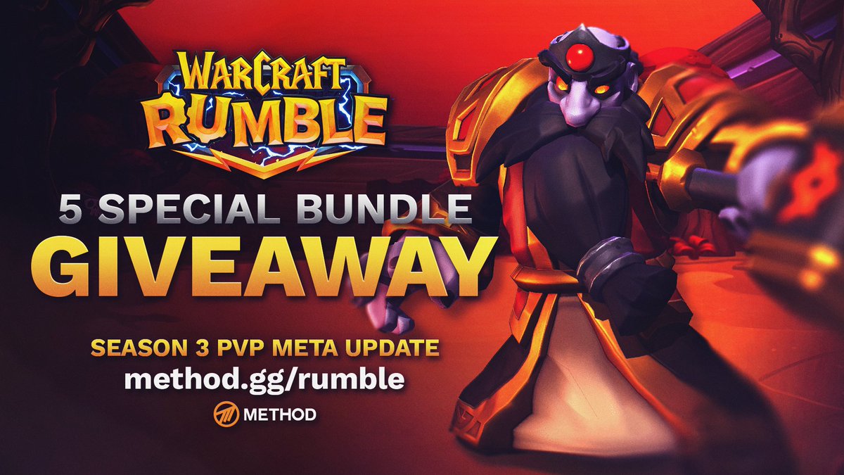 Method's tweet photo. Hey Rumble gamers 👋

In celebration of the launch of our Season 3 PVP Meta update, we're giving away 5 Special Bundles kindly provided to us by Blizzard!

🧡 Like & RT
🌐 Check out: https://t.co/XTldJM5uOb
💬 Comment your favourite Season 3 PvP Map

#WarcraftRumblePartner