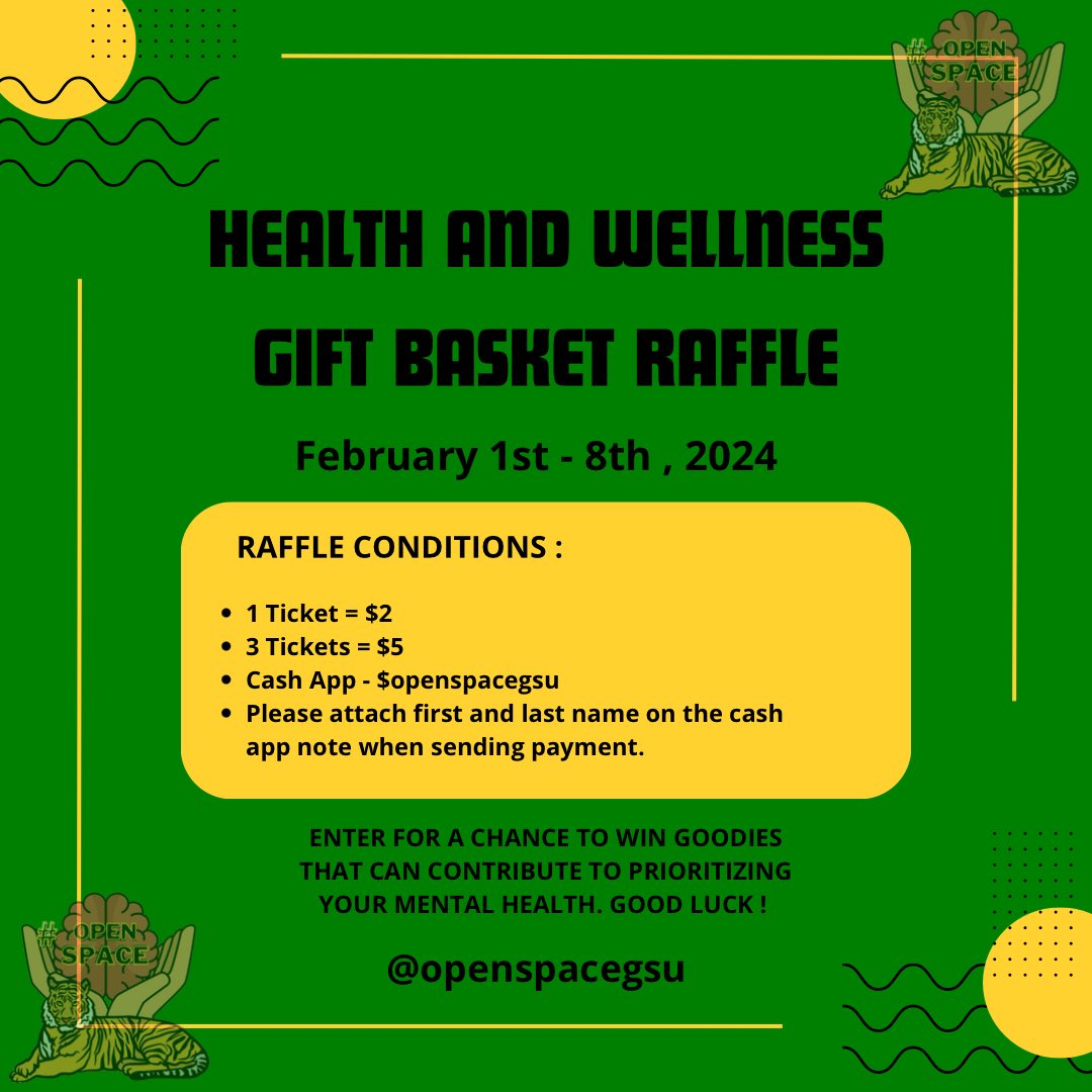 Good Morning Open Space Family ☀️ , Starting February 1st , 2024 we’ll be hosting a raffle for a mental health wellness gift basket. The last day to enter the raffle will February 8th , 2024. The winner will receive items such as face masks , a journal, a blanket , and more. 💚