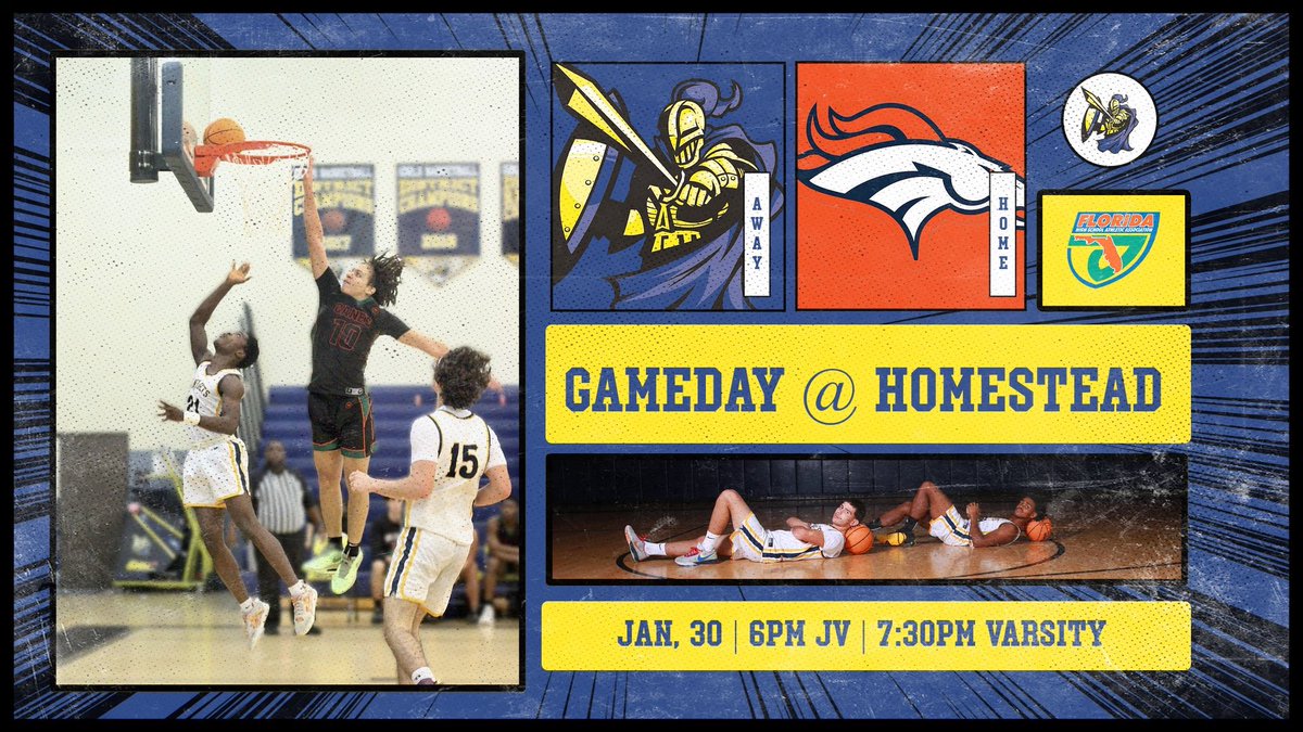 ❗️GAMEDAY❗️Show up to Homestead High to support your @KeysGateMBB Knights as they take on the @Exit1Athletics Broncos in what’s certain to be an action-packed matchup! Come see who takes the crown of the Palm Drive Rivalry😤

#SecureTheGate 
#UknightedWeStand⚔️ 
#KeysGateNation