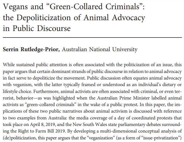 #AheadofPrint: Serrin Rutledge-Prior's (@serrinrp) new article argues that 'certain dominant strands of public discourse in relation to animal advocacy in fact serve to depoliticize the movement.' Read it here: journals.uchicago.edu/doi/10.1086/72…