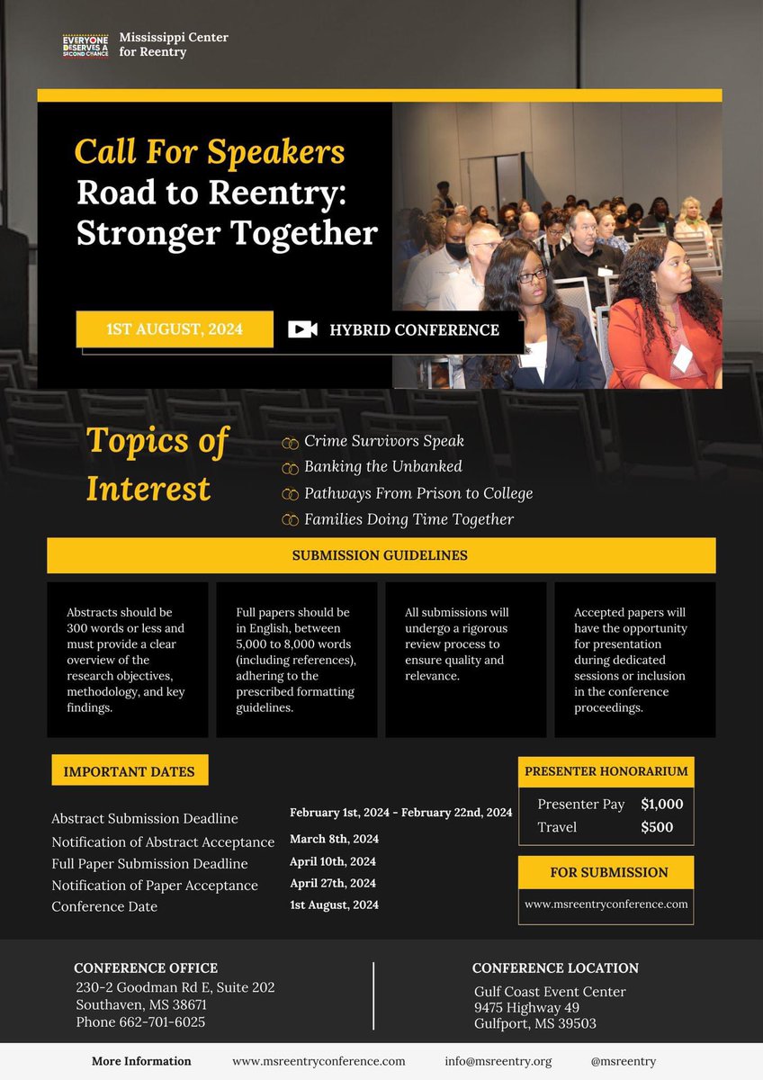 msreentry's tweet photo. Have you submitted your abstract paper yet?
Abstracts are due by February 22.
Learn more: https://t.co/A8ZcHPkhpF.
#secondchances #msreentry #mississippi https://t.co/w2CBQsbcRh