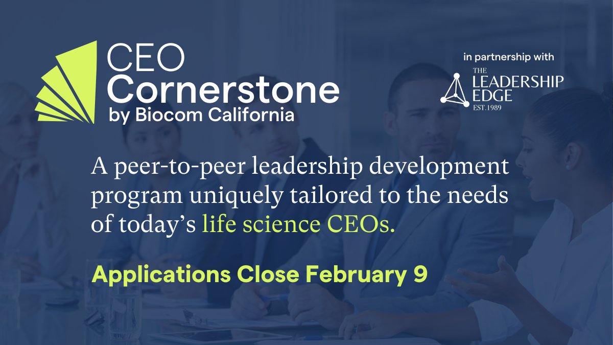 Biocom's tweet photo. Our #CEOCornerstone cohort will cover strategy formulation &amp; its alignment with your board in a goal-setting session conducted with fellow non-competing and similar-stage industry peers. Biocom California members receive up to 50% off. Apply by February 9: https://t.co/N0tnNnenHM https://t.co/Z6MyxNhXLK