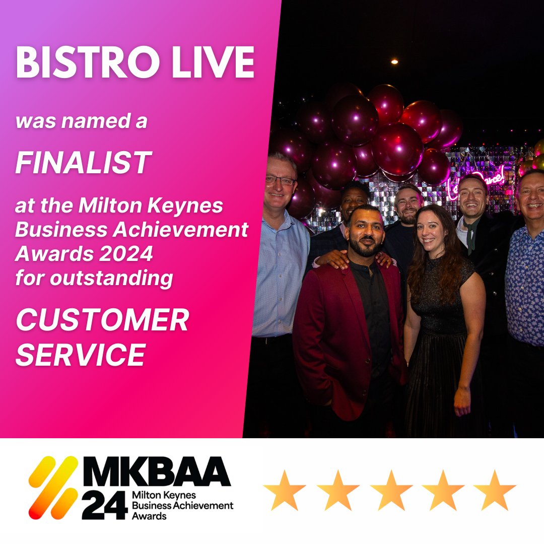 We're thrilled to share the fantastic news – BISTRO LIVE is a finalist in the Customer Service category at @MK_BAA  🏁

A huge thank you to our amazing customers for being the driving force behind our success. Let's celebrate together! 🎉🥂

#MKBAA2024