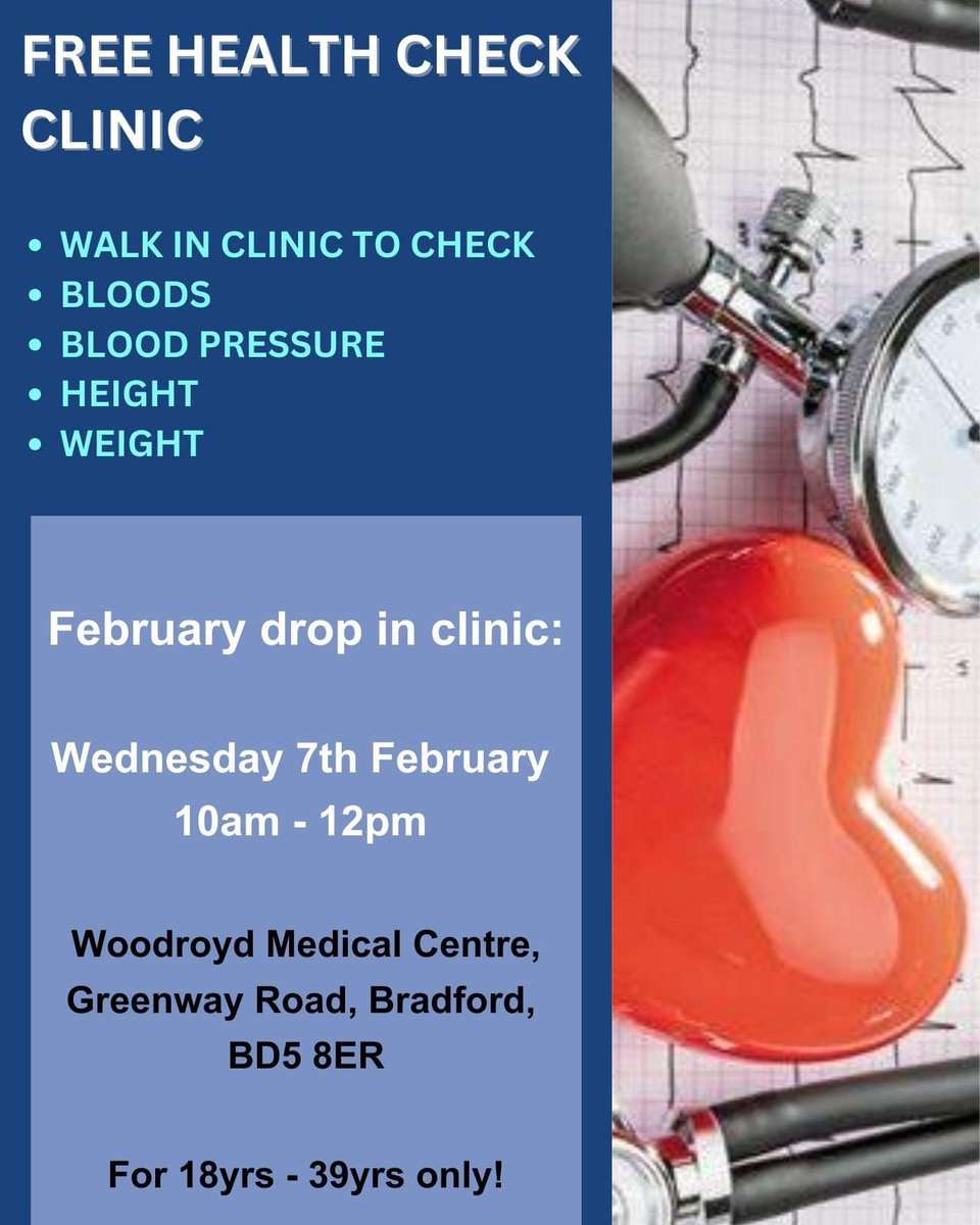 🩺 FREE HEALTH CHECK CLINIC! 🩺 All patients between 18 and 39 years old are welcome to attend - get your bloods taken, blood pressure checked and height/weight checked also ⭐️ 🏥 Woodroyd Medical Centre 🏥 🏥 Wednesday 7th February 🏥 🏥 10am - 12pm 🏥