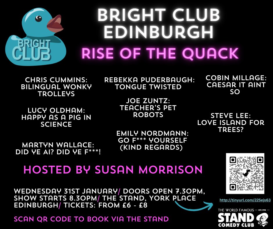 Ok now we are just spoiling you!!!

MORE acts added to the line-up of the Bright Club reboot at <a href="/StandComedyClub/">The Stand</a> hosted by comedy queen <a href="/suziemo/">Susan Morrison</a>. Get yer tickets - Wednesday 31st 7.30pm! 

Come along and have a laugh! #curiouscomedy #thequackisback