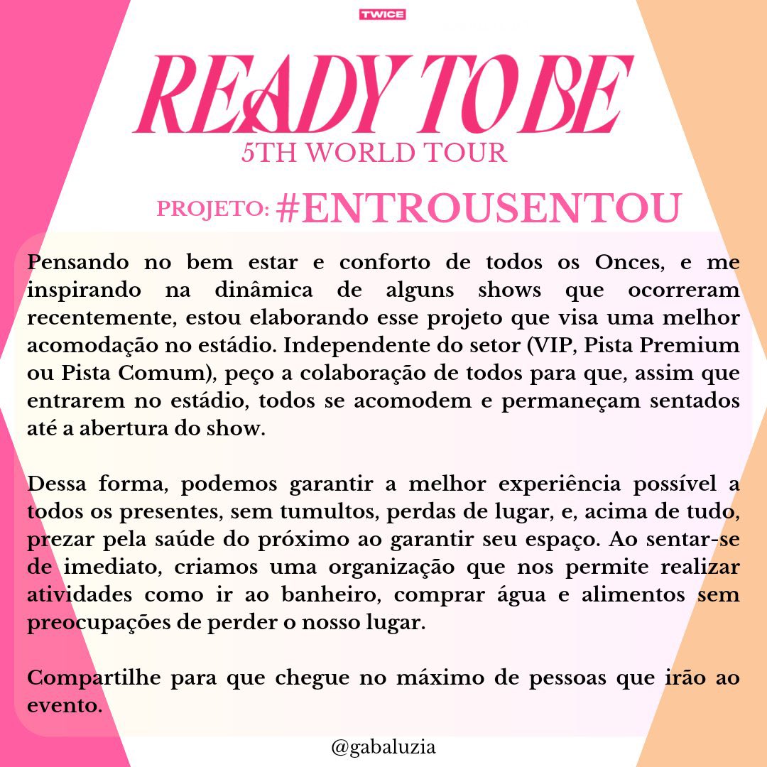 92_petulnia's tweet photo. Twice Ready to Be Tour - Brasil
Projeto #ENTROUSENTOU

Vi isso no perfil da @gabaluzia  e achei muito importante! Pfv fiquem calmos, todos nós estamos muito animados com o show mais não queremos q nada aconteçam com ninguém! Esse dia é muito importante para todos nós. https://t.co/Oi2XFl1JES