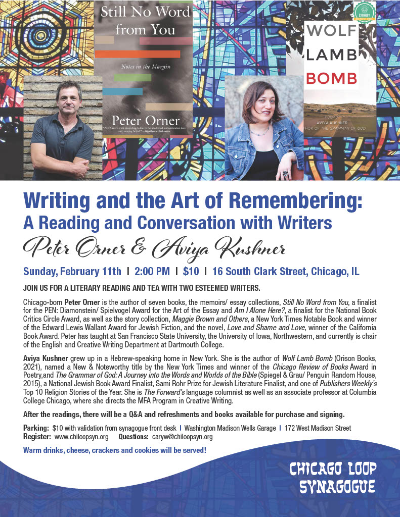 Can't wait to read with @Peter_Orner -- whose work I so admire-- @loop_chicago on Sunday 2/11 at 2. We'll also discuss 'Writing and the Art of Remembering'. Do join us! @OrisonBooks