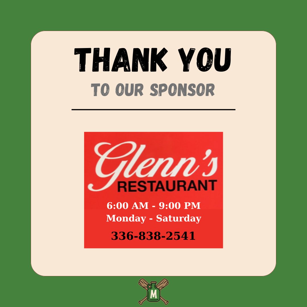 A huge THANK YOU to Glenn's Restaurant in Wilkesboro for supporting Moonshiners Baseball. Glenn's has been serving delicious food and milkshakes for over 60 years!