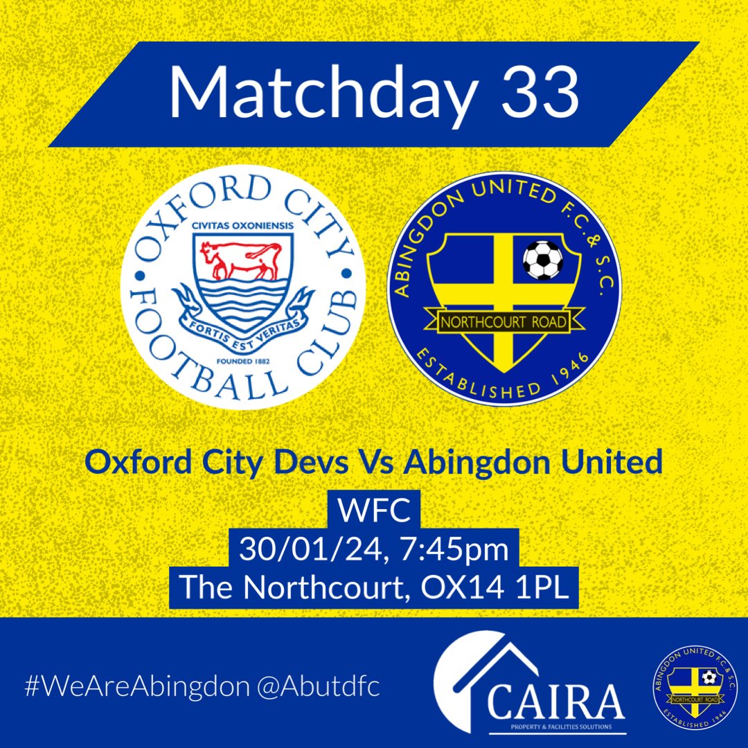 ITS MATCHDAY & #WeAreAbingdon (Not Oxford United like we put earlier 😂🤦‍♂️)

Tonight’s Floodlit Cup game sees us take on Oxford City Devs at The Northcourt 🟡🔵