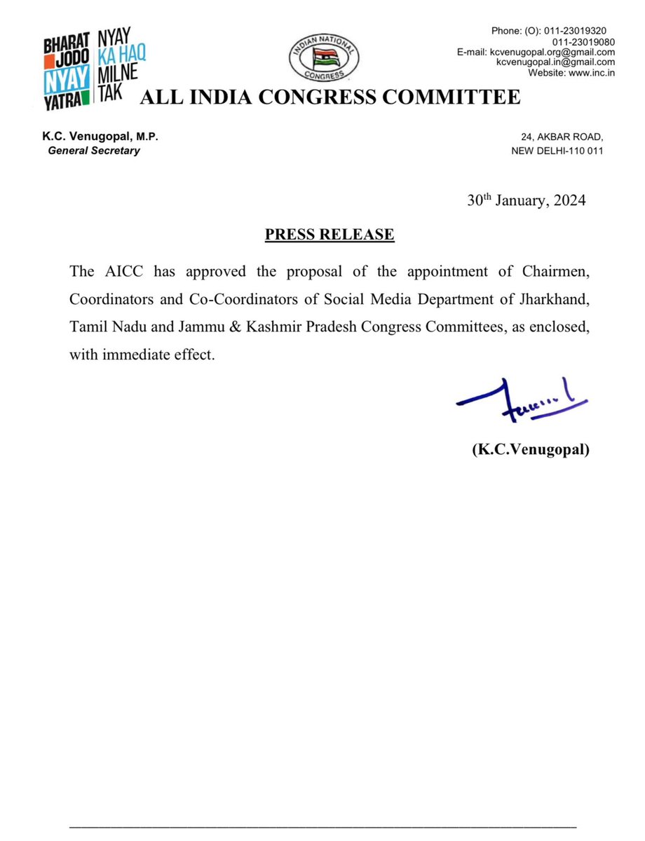 INCIndia's tweet photo. The AICC has approved the proposal of the appointment of Chairmen, Coordinators and Co-Coordinators of Social Media Department of Jharkhand, Tamil Nadu and Jammu &amp; Kashmir Pradesh Congress Committees with immediate effect.

Full list here👇🏼 https://t.co/leG7Ua3VcE