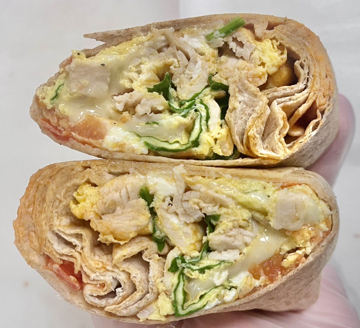 The Bonfire Wrap: 2 Eggs, Turkey, Swiss, Tomato, Spinach, Hot Sauce, Salt &amp; Pepper on a Whole Wheat Wrap! A New Special Wrap for $8.99. #longbeachny #breakfastallday #longislandny