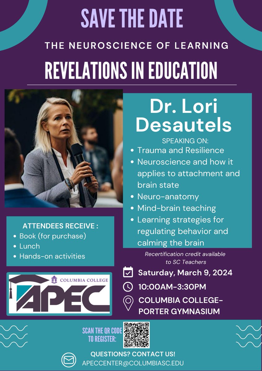 APECCenterCCSC's tweet photo. Struggling w/ your students? Don’t miss our Spring Professional Development Day w/ @desautels_phd. Gain valuable social-emotional tools &amp; explore how the neuroscience of learning can assist w/ classroom management! Recertification credit offered. Register w/ the link in our bio! https://t.co/iVbzTWqIPi
