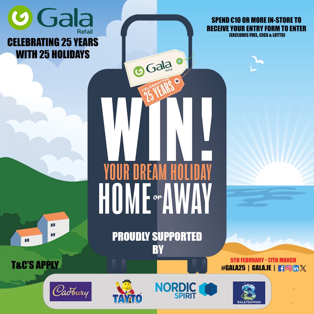 Gala_Retail's tweet image. 🧳 Introducing Home or Away Giveaway✈️ #win your dream holiday! 🌞 🏖️ Celebrating 25 years with 25 holidays!

*Spend €10 or more in-store [excludes Fuel, Cigs &amp;amp; Lotto] for your chance to WIN 1 of 25 Home or Away holidays!

*Competition closes 17th March | T&amp;amp;C’s Apply. #Gala25