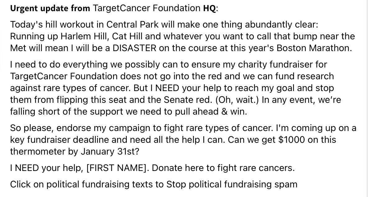 An urgent campaign message as I run to benefit <a href="/targetcancer/">TargetCancer Fdn</a> Foundation this #Boston128 

bit.ly/AnneRunsBoston… 

I NEED your help, random person on X / Twitter 

Click STOP to end fundraising text spam