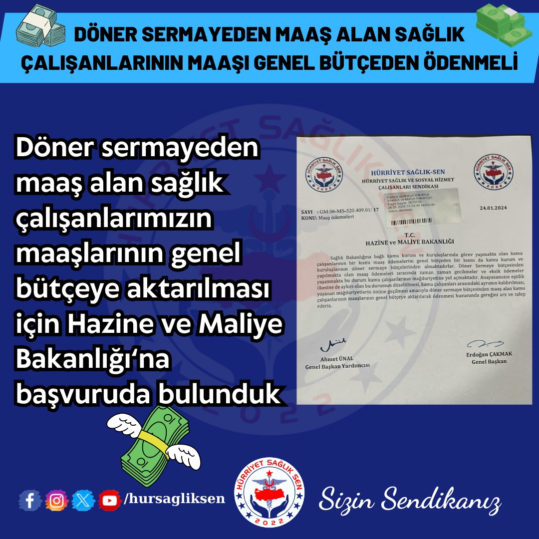 hursagliksen's tweet image. DÖNER SERMAYEDEN MAAŞ ALAN SAĞLIK ÇALIŞANLARININ MAAŞI GENEL BÜTÇEDEN ÖDENMELİ
Döner sermayeden maaş alan sağlık çalışanlarımızın maaşlarının genel bütçeye aktarılması için Hazine ve Maliye Bakanlığı'na başvuruda bulunduk.
@hursagliksen
@drfahrettinkoca @HMBakanligi