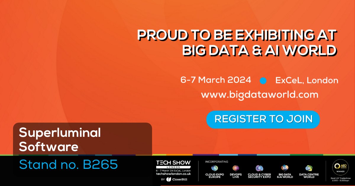 SuperluminalSW's tweet image. We&apos;re proud to be exhibiting at @BigDataWorld 2024! Join us on 6-7 March at ExCeL, London - Register for FREE! #BDAIW
#BigDataAIWorld 
bigdataworld.com/SuperluminalSo…