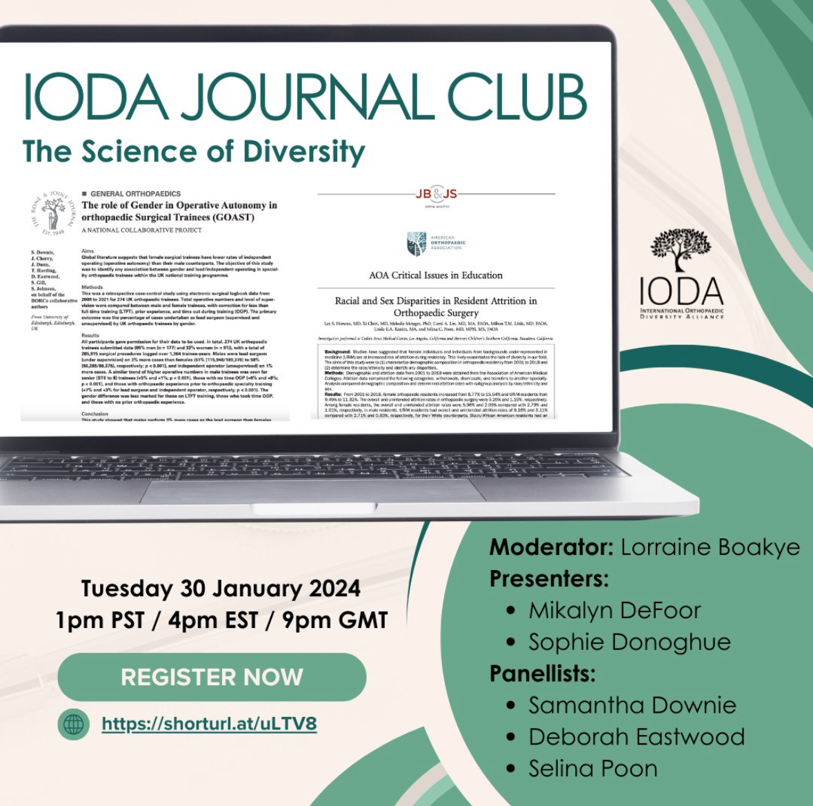 IODA Journal Club is just around the corner. Register now and join moderator @LoBoakye as we delve into two #ortho #DEI articles with our panelists and authors: Dr. Mikalyn DeFoor, Dr. Sophie Donoghue, @Sdownie04, @deboraheastwood, and @drspoon8 Register: ow.ly/jZi950Qvlrw