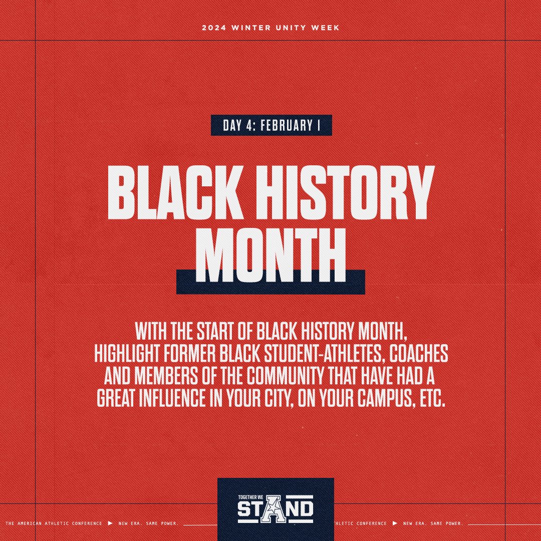 American_Conf's tweet image. Today is the start of Black History Month

We encourage you to honor or highlight black student-athletes, coaches &amp;amp; members of the community that have had a great influence on you, on your campus &amp;amp; in your city

#AmericanUnityWeek