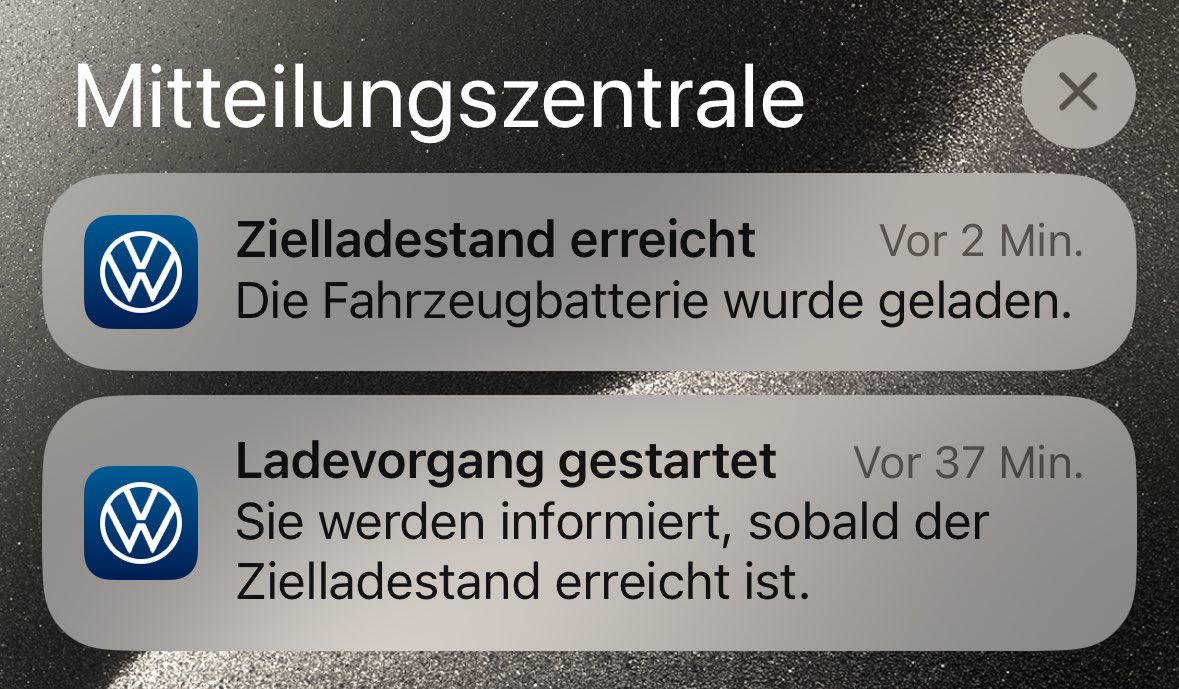 elektrologisch's tweet photo. Benachrichtigung ohne SoC dafür zuverlässig #volkswagen #vwapp #volkswagenapp #cariad https://t.co/YtjVsqNwjK