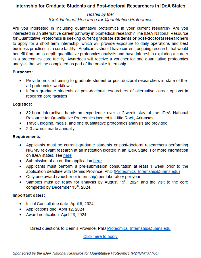 Starting Feb. 1st we will be accepting applications from graduate students and post-docs for our Proteomics internship.  This on-site, 2 week internship includes free proteomics, travel, training, bioinformatics, housing etc.  Apply early, apply often! idearesourceproteomics.org/resources/inte…