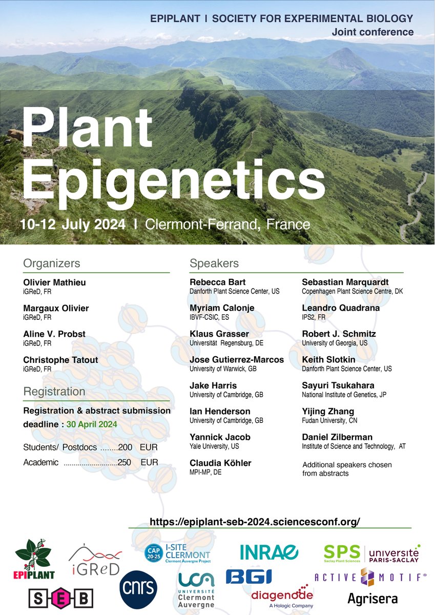 Interested in plant epigenetics? Join us at the EPIPLANT / SEB symposium in Clermont-Ferrand, France, July 10-12, 2024. epiplant-seb-2024.sciencesconf.org Registration will open on February 15.