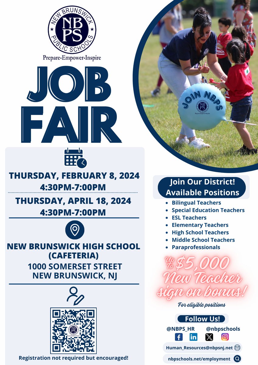 NBPS_HR's tweet photo. Don't miss our upcoming Job Fair on February 8th! We've got exciting job opportunities for you. #JoinNBPS #NJTeachers #NJeducators #Allin4NB #NBPSLetsGo! https://t.co/OABOGrsNo7