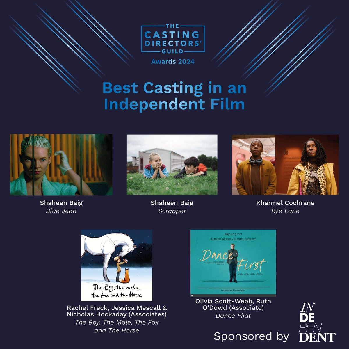 The nominees for ‘Best Casting in an Independent Film’ sponsored by @ITG_Ltd are…. Congratulations 👏#CDGAwards2024