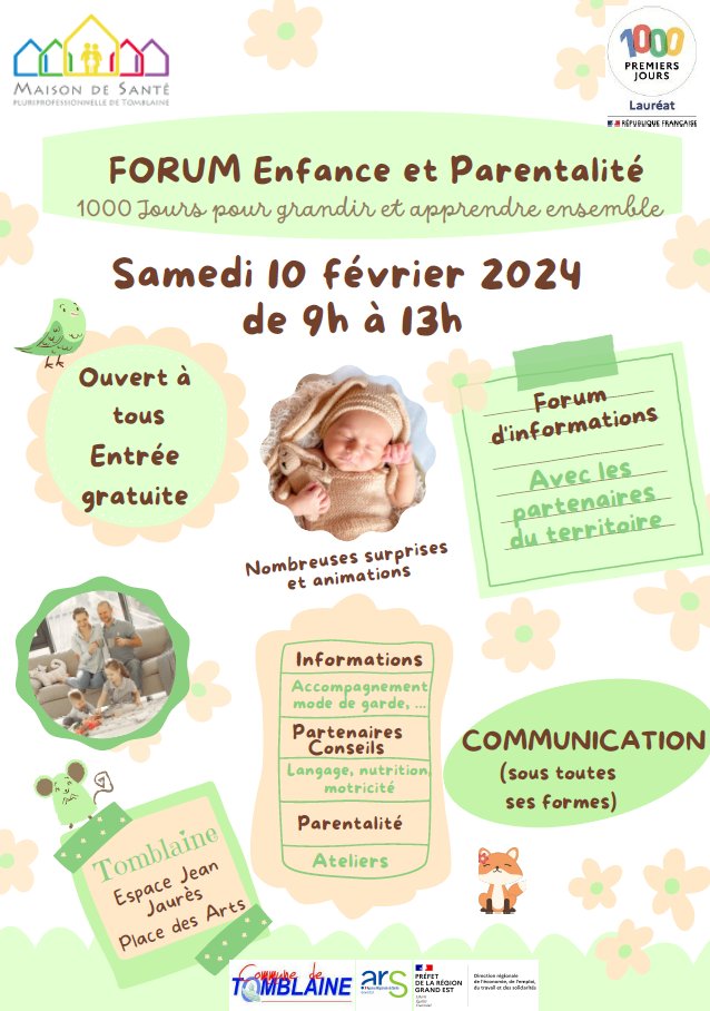 ars_grand_est's tweet photo. Forum « Enfance et Parentalité » dans le cadre des 1000 jours pour grandir et apprendre ensemble, organisé par la MSP de Tomblaine
Cet événement Tout public, soutenu par l’@ars_grand_est se tiendra le 10 février 2024 à l'Espace Jean Jaurès de Tomblaine 📌
#ARS54 https://t.co/FK5T8d7C1E