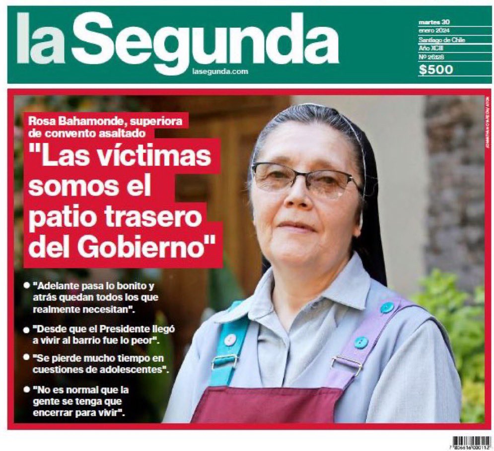 rodolfocarter's tweet photo. Primero fue @GabrielBoric culpando a los medios por publicar malas noticias. Después el  Ministro @LuisCorderoVega le llamó “daño colateral” a los niños asesinados en nuestras calles… Tuvo que venir una religiosa de claustro a decirles, en su sencillez, lo que ellos no quieren oír: "Las víctimas somos el patio trasero del Gobierno". Antes de que se les salga la cadena con insultos, sean feministas de verdad por una  vez y respeten lo que dice la Hermana Rosa Elena. Su voz es lo que siente la enorme mayoría de nuestro país.