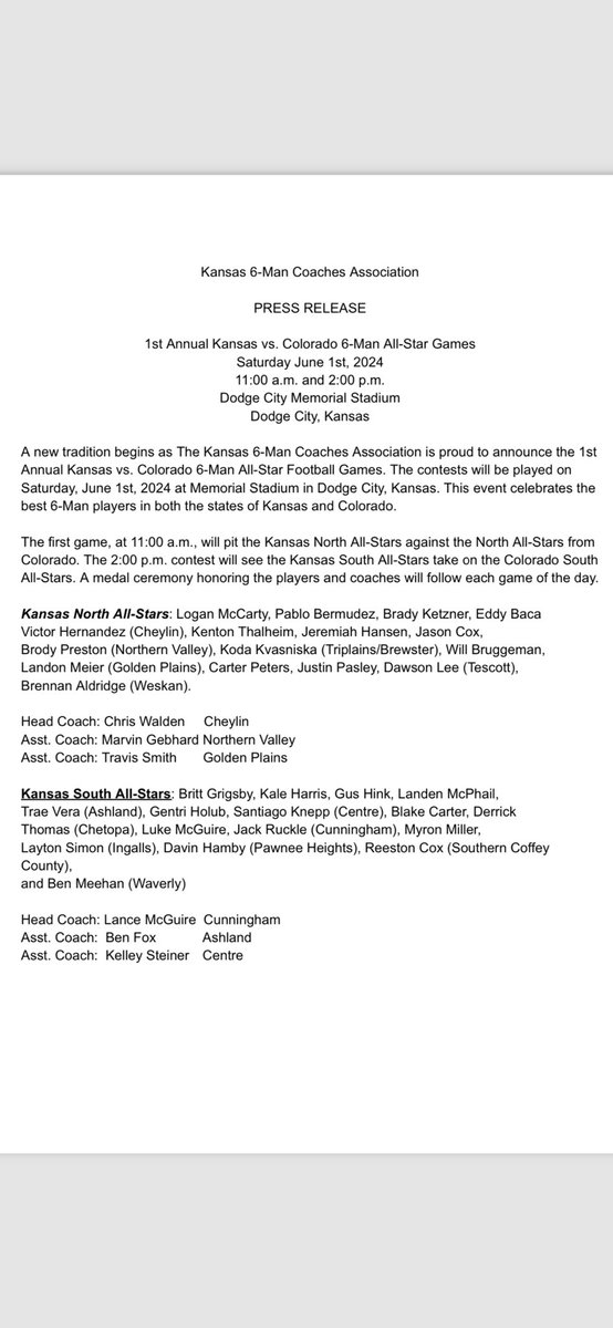 Travis Smith (@tasmith66) on Twitter photo Kansas 6-Man Coaches Association announces Kansas vs Colorado All-Star games. <a href="/kpreps/">Kpreps.com</a> <a href="/sportsinkansas/">Sports in Kansas</a> <a href="/KansasPregame/">Kansas Pregame</a> <a href="/HDNsports/">HDN Sports</a> <a href="/saljsports/">Salina Journal Sports</a> <a href="/KSHSAA/">KSHSAA</a> Kansas 6-Man Coaches Association announces Kansas vs Colorado All-Star games. <a href="/kpreps/">Kpreps.com</a> <a href="/sportsinkansas/">Sports in Kansas</a> <a href="/KansasPregame/">Kansas Pregame</a> <a href="/HDNsports/">HDN Sports</a> <a href="/saljsports/">Salina Journal Sports</a> <a href="/KSHSAA/">KSHSAA</a>