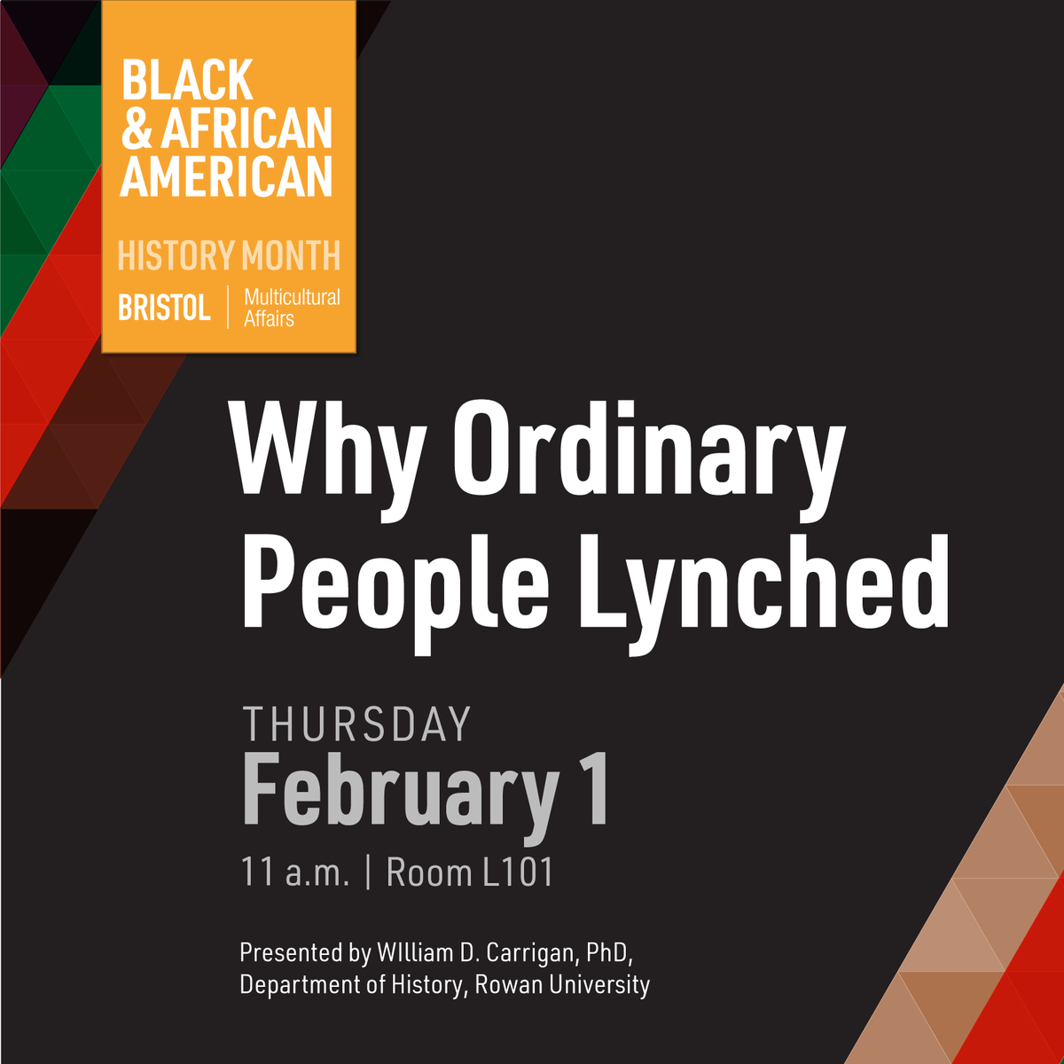 In recognition of Black &amp; African American History Month, join us for a poignant lecture, Why Ordinary People Lynched, on Thursday, Feb. 1.  This event is co-sponsored by <a href="/BristolMSC/">Multicultural Center</a> &amp; the Bristol Holocaust &amp; Genocide Center.  

Details: tockify.com/bristolcommuni…