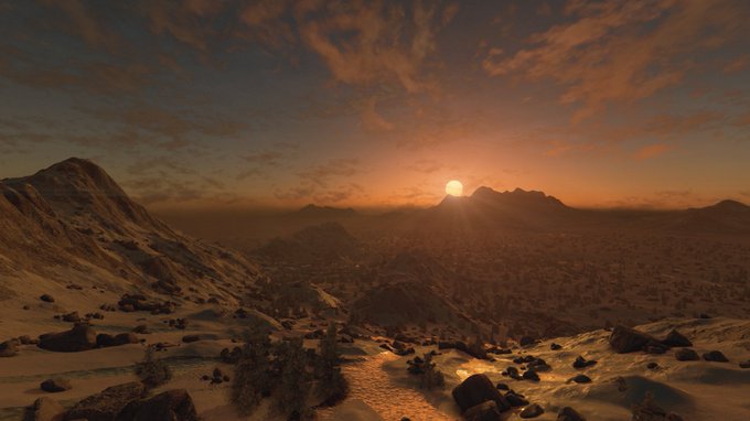 A photo from Starfield showing a planet's rocky landscape and the sun setting behind a hill