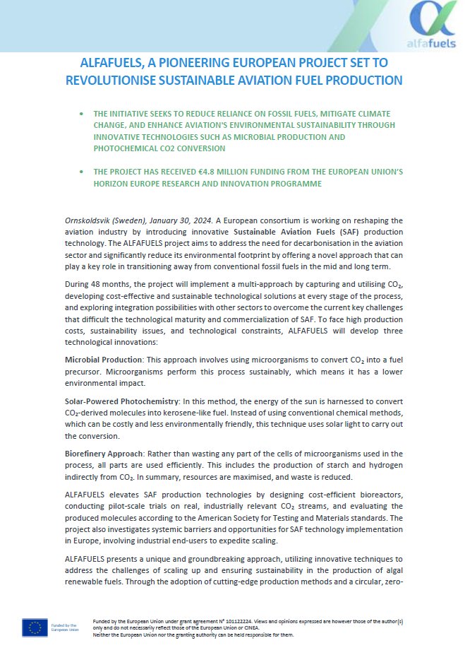 📰PRESS RELEASE📰

ALFAFUELS: A PIONEERING EUROPEAN PROJECT SET TO REVOLUTIONISE SUSTAINABLE AVIATION FUEL PRODUCTION

👇 Find below the full press release and follow us on social media to learn more about this new initiative.

LINKEDIN: linkedin.com/company/alfafu…