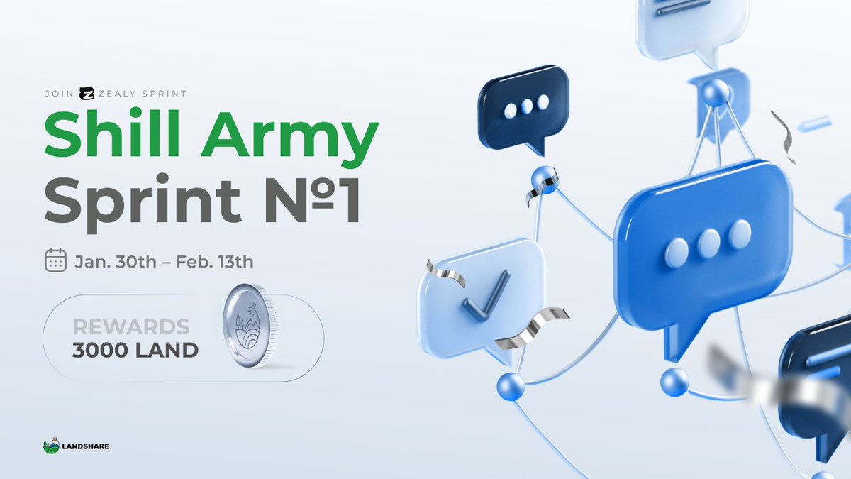 Landshareio's tweet photo. 🥁 Introducing Shill Army  –  a long-term event designed to enhance visibility within the entire #Landshare ecosystem.

⏳ First Sprint: Jan. 30th – Feb. 13th
🏆 Rewards: 3000 $LAND

Find out about how you can get involved:
https://t.co/dFYLiIZ3QL

#Tokenization #RWA #RealEstate