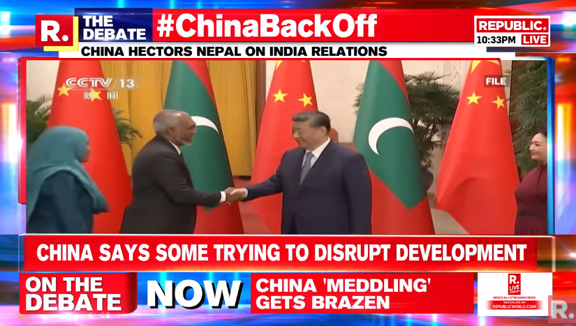 republic's tweet photo. #ChinaBackOff | China has again opened its book of dirty tricks of buying out leaders and using arm-twisting tactics. After Maldives, China lectures Nepal now
Tune in for The Debate and fire your views with the hashtag - https://t.co/74kUBBkUGf
#China #Ladakh #India #JammuAndKashmir #Nepal #Maldives