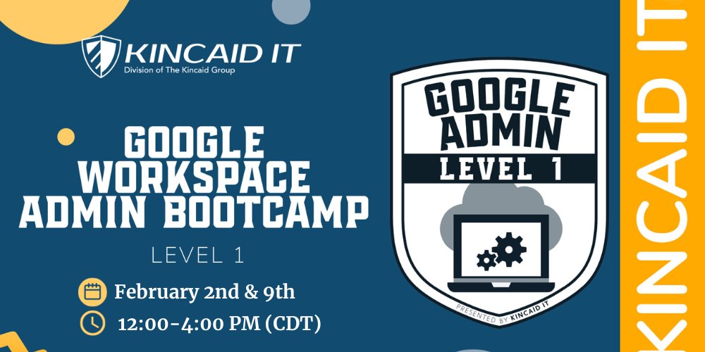 Kincaid IT is hosting our Level 1  Admin Bootcamp on February 2 &amp; 9—an immersive virtual course for Google Workspace Super Administrators. Sharpen your skills in topics like Gmail, Security, and more. 

Register now: hubs.li/Q02hDprv0

#GoogleAdminBootcamp #TechTraining