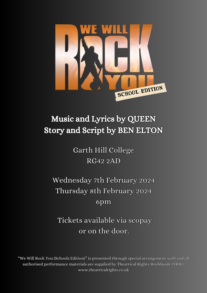 GHCPerforming's tweet photo. This year's college production of We Will Rock You is next week! 🤘

Please come and support the students on either the 7th February or 8th February at 6:00pm 🎸👩‍🎤👨‍🎤 https://t.co/S9k3SHpPmB
