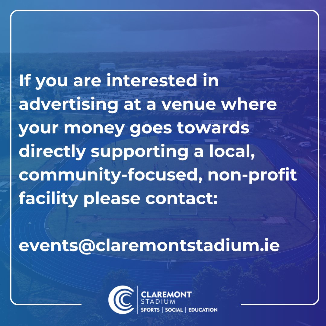Claremont Stadium (@claremontnavan) on Twitter photo Advertise to over 100,000 potential customers and support a local non-profit community centre by taking advertising space along our 8-lane Olympic-sized athletics track.
If your business would be interested in supporting our facility contact: events@claremontstadium.ie Advertise to over 100,000 potential customers and support a local non-profit community centre by taking advertising space along our 8-lane Olympic-sized athletics track.
If your business would be interested in supporting our facility contact: events@claremontstadium.ie